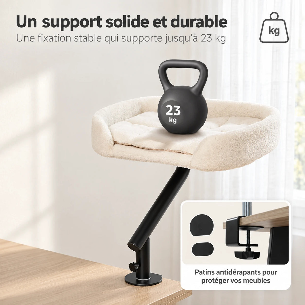 Support solide du panier chat bureau : jusqu'à 23 kg et patins antidérapants