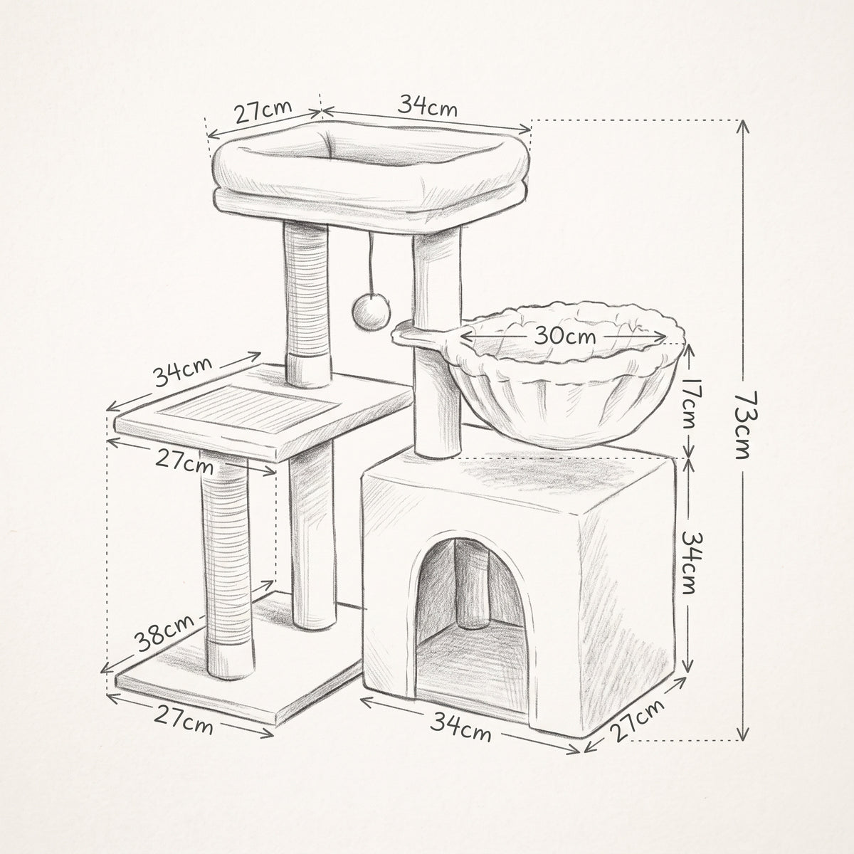 Schéma coté de l'arbre à Chat Petit Espace avec toutes les dimensions