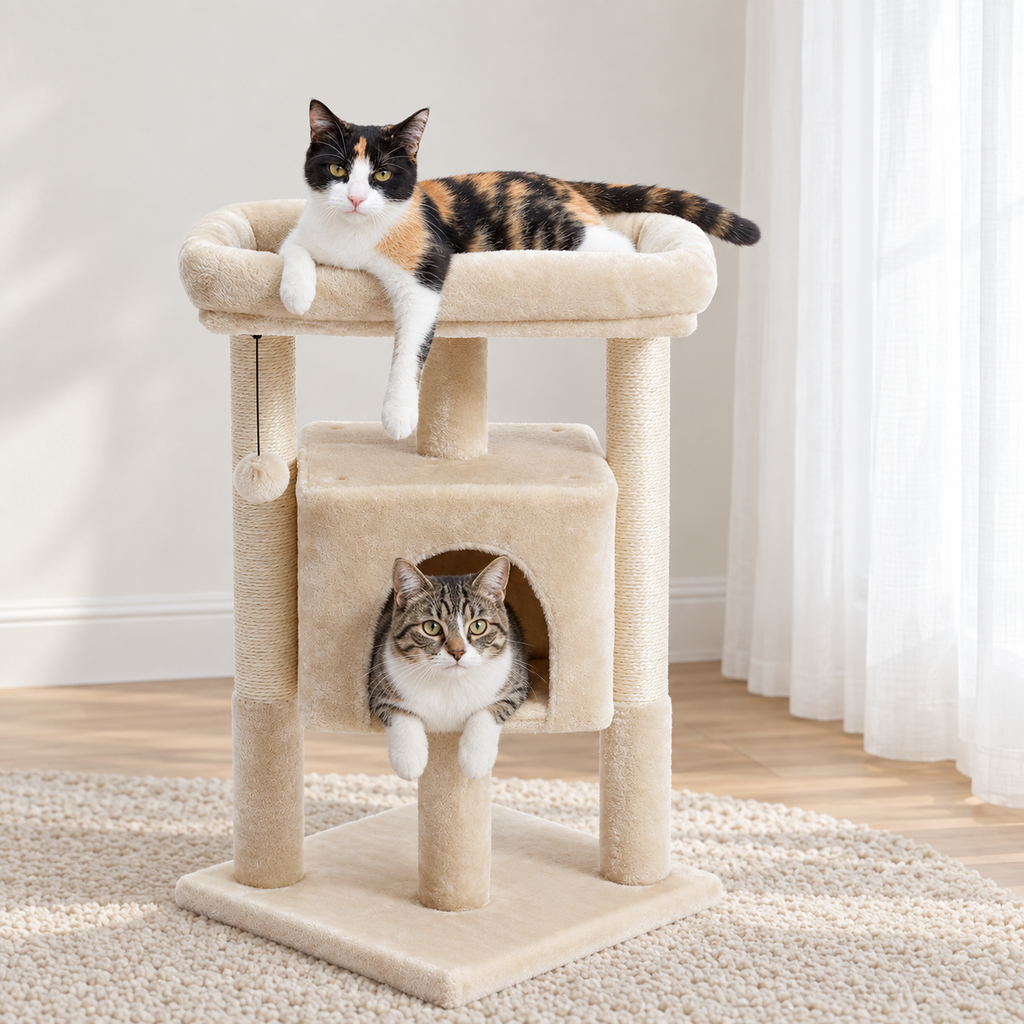 Chats sur le petit arbre à chat beige, l'un sur le perchoir, l'autre dans la niche