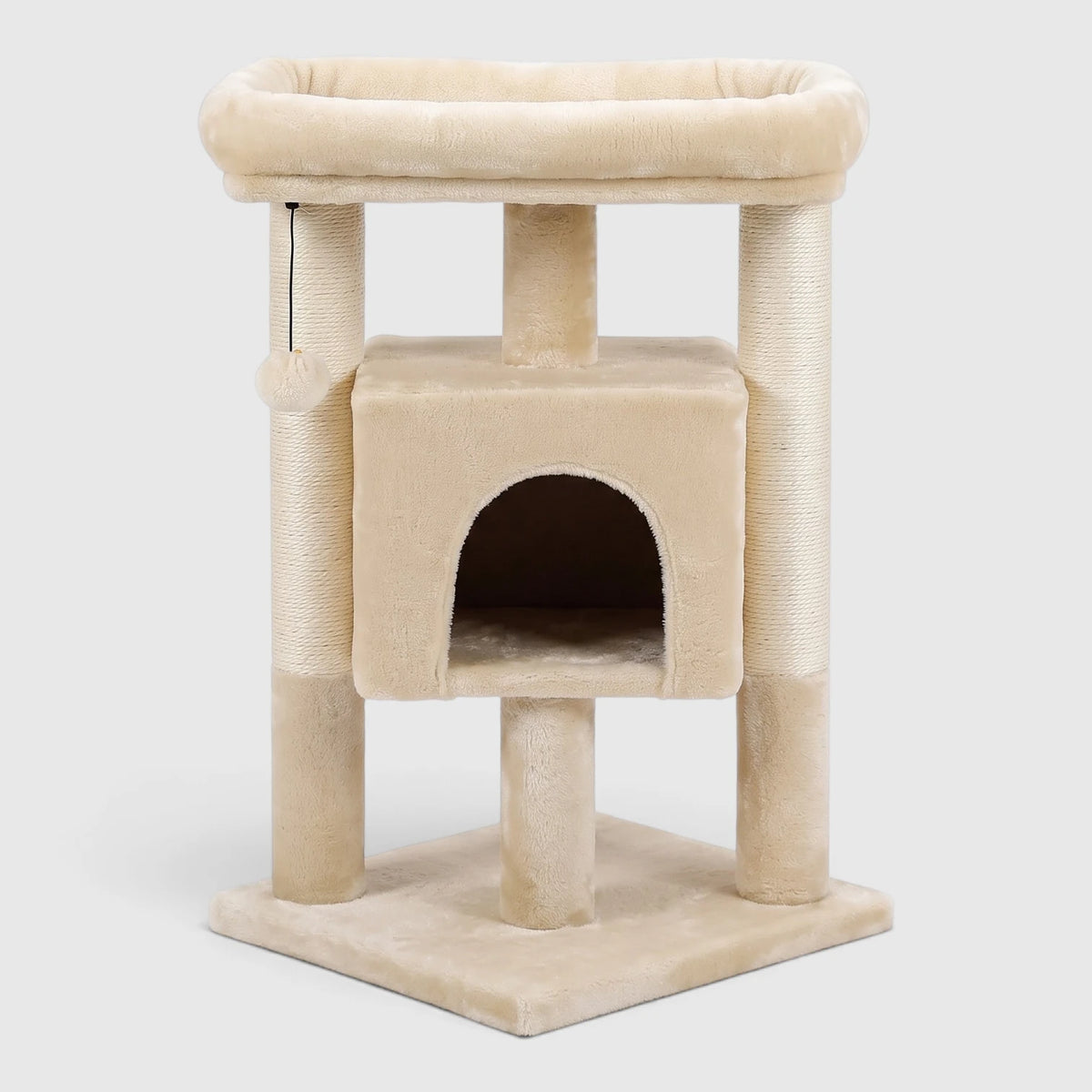 Petit arbre à chat beige avec niche, perchoir à rebords et poteaux en sisal
