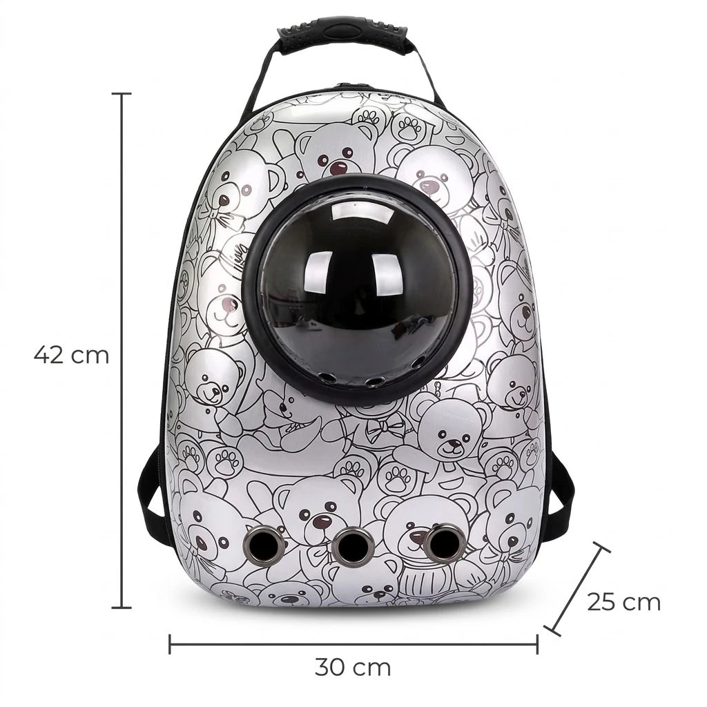 Schéma coté du sac à dos bulle pour chat : 42 cm de haut, 30 cm de large, 25 cm de profondeur