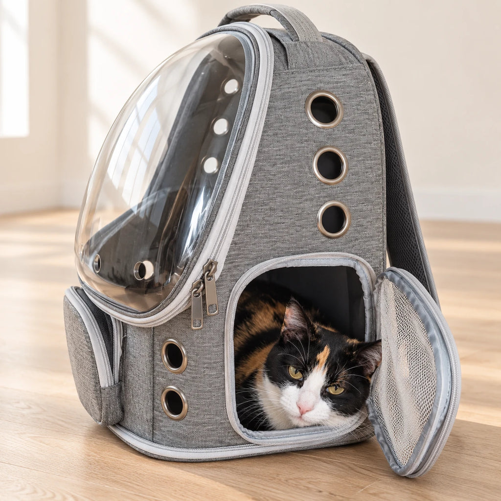 Chat dans le sac à dos transport chat gris, porte latérale ouverte