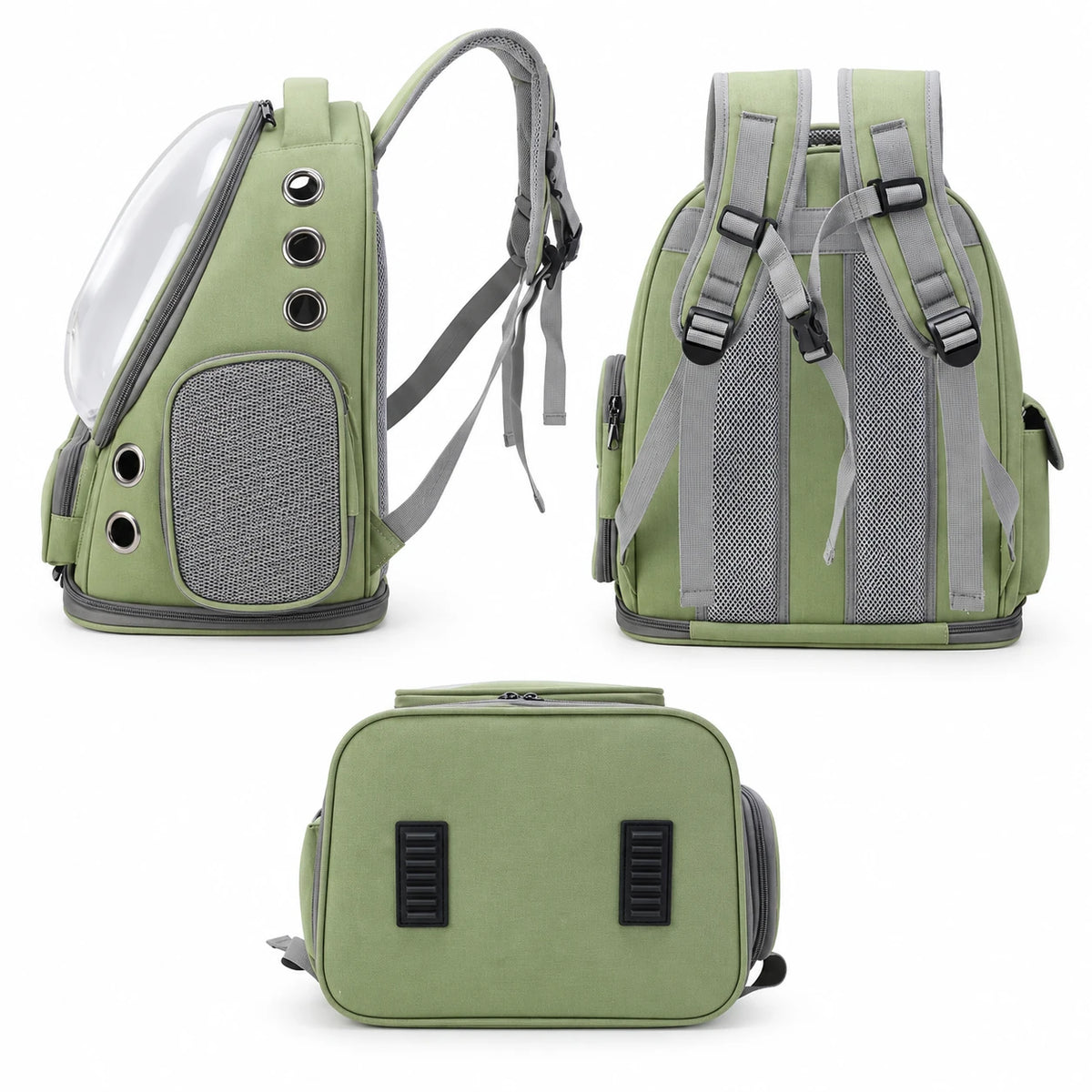 Sac à dos transport chat vert vu de face, de côté et de dessus