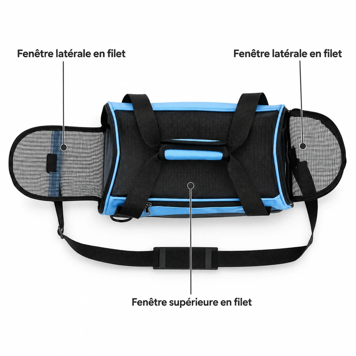 Fenêtres en filet latérales et supérieure du sac de transport chat