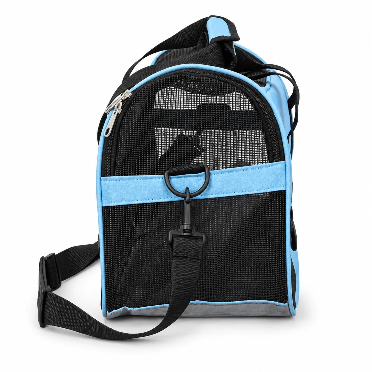 Sac de transport chat bleu vu de côté avec bandoulière