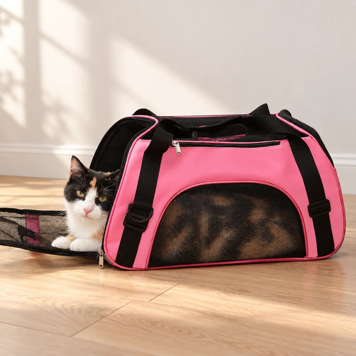 Chat dans le sac de transport chat rose posé sur le parquet