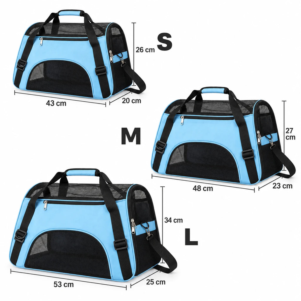 Tailles du sac de transport chat : S 43 cm, M 48 cm, L 53 cm de long